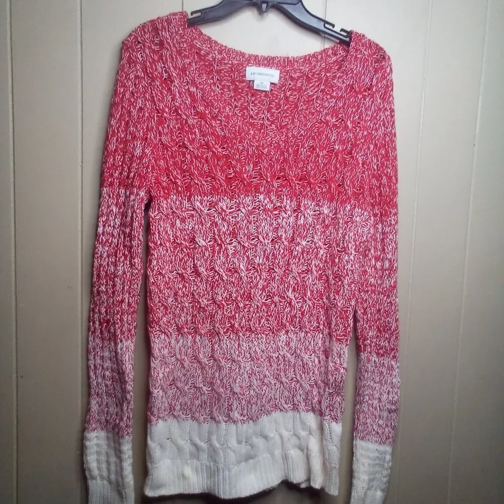 Liz Claiborne Sweater L Pullover Long Sleeve V-Neck Red White